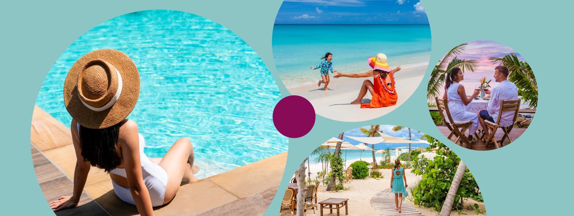 The Edit Getaway Edition travel collage featuring turquoise waters, relaxed poolside moments and all-inclusive beach resorts
