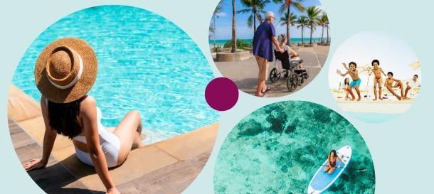 The Edit Getaway Edition collage featuring poolside relaxation, family beach fun and tropical paddle boarding